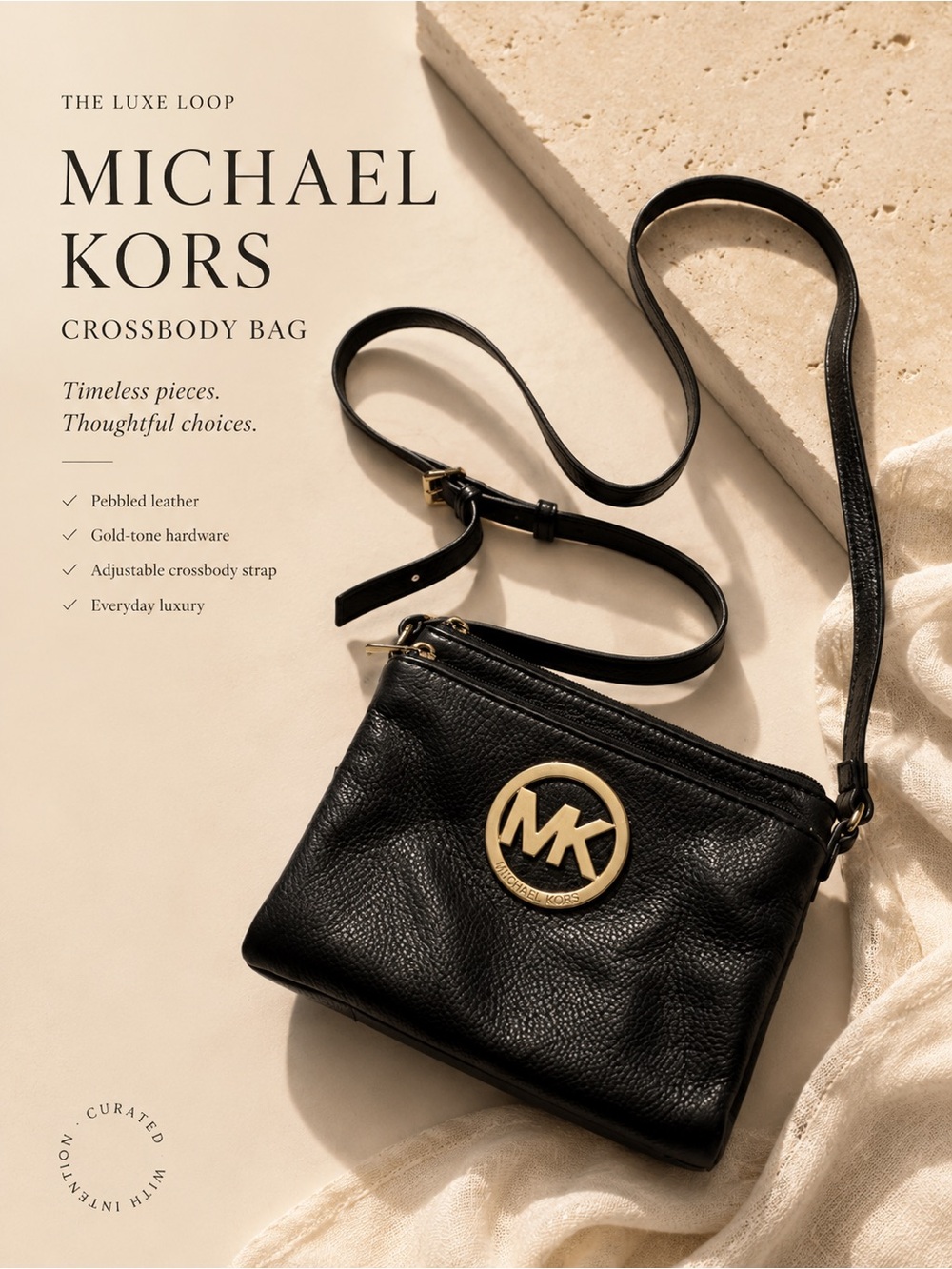 Michael Kors Black Leather Crossbody with Gold MK Emblem